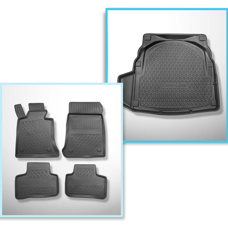 Completo di tappetini e tappetino per bagagliaio TPE PREMIUM per: Mercedes-Benz Classe E W212 Berlina (03.2009-03.2016) - con ala sinistra (eventualmente da tagliare via); superficie piana del bagagliaio