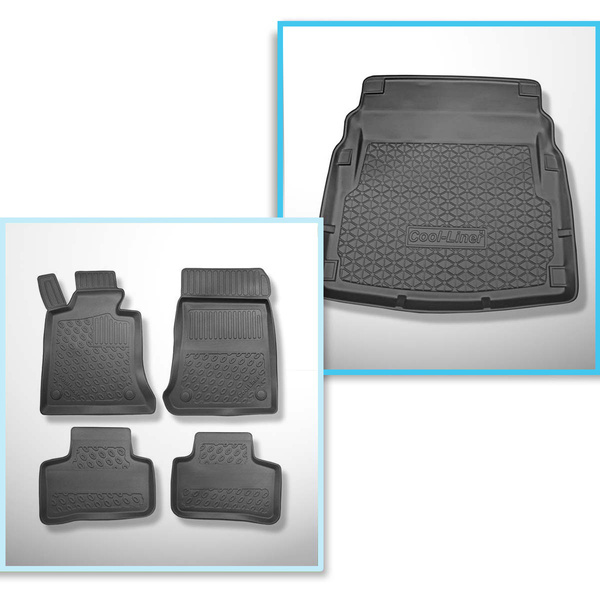 Completo di tappetini e tappetino per bagagliaio TPE PREMIUM per: Mercedes-Benz Classe E W212 03.2009-03.2016 (Berlina) - senza ali; la superficie del bagagliaio si solleva presso i sedili posteriori