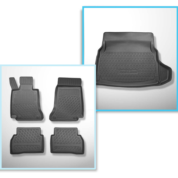 Completo di tappetini e tappetino per bagagliaio TPE PREMIUM per: Mercedes-Benz Classe C W205 03.2014-11.2020 (Berlina) - sedili posteriori pieghevoli (divisi); ala destra rimovibile nei modelli con grata laterale