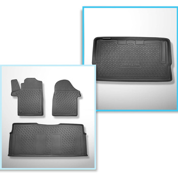 Completo di tappetini e tappetino per bagagliaio TPE PREMIUM per: Mercedes-Benz Classe V W447 Van (06.2014-....) - versione lunga (interasse 3200 mm; lunghezza del veicolo 5140 mm); dietro la 3a fila di sedili; senza divisioni nel bagagliaio; tutte le ver