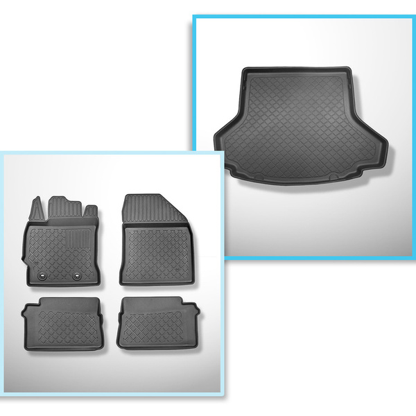 Completo di tappetini e tappetino per bagagliaio TPE per: Toyota Auris II 07.2013-12.2018 (Touring Sports) - bagagliaio superiore; per auto con pavimento doppio nel bagagliaio; anche per versione ibrida