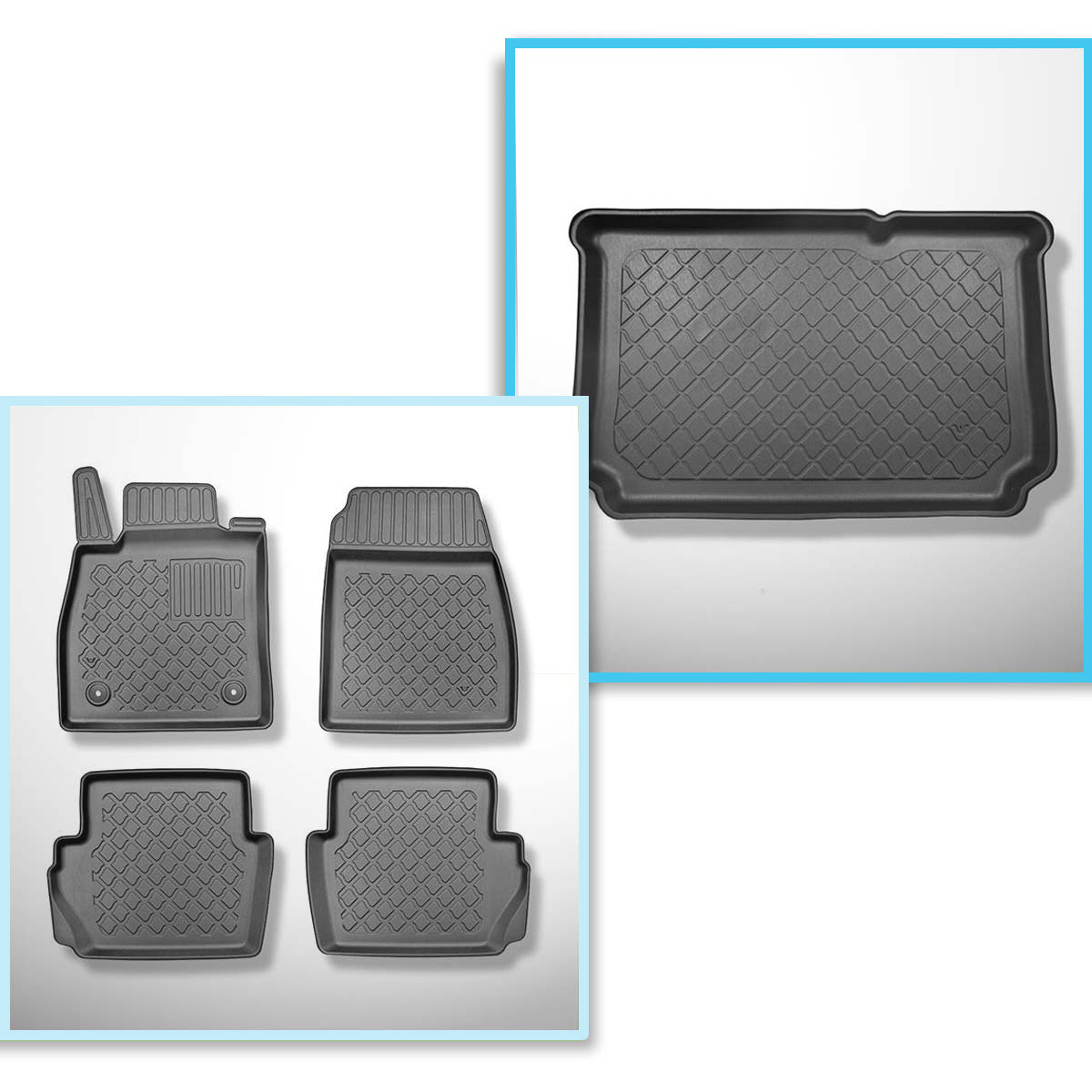 Completo di tappetini e tappetino per bagagliaio TPE per: Ford Fiesta VIII  Hatchback (07.2017-.) - bagagliaio inferiore; modelli senza pavimento  mobile del bagagliaio; anche per la versione ibrida