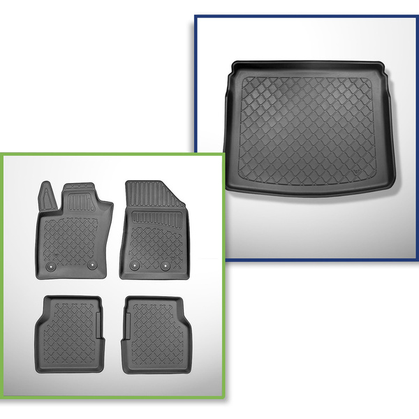 Completo di tappetini e tappetino per bagagliaio TPE per: Jeep Compass II MP 08.2017-.... (SUV) - con pavimento mobile del bagagliaio; per il livello superiore e inferiore del pavimento; non per versione Plug-in ibrida