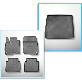 Completo di tappetini e tappetino per bagagliaio TPE per: Honda CR-V RW V 10.2018-07.2023 (SUV) - 5 posti; bagagliaio superiore (soglia di carico piana); pavimento mobile nella posizione più alta; anche per versione ibrida; senza terza fila