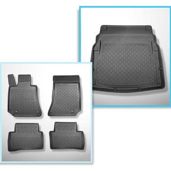 Completo di tappetini e tappetino per bagagliaio TPE per: Mercedes-Benz Classe E W212 03.2009-03.2016 (Berlina) - senza ali; la superficie del bagagliaio si solleva presso i sedili posteriori